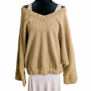 Free People Cozycore Boho Camel Twill Knitted Oversized Slouchy Sweatshirt